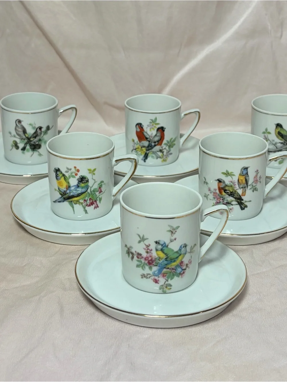 Vintage Royal Crown Japan Bird & Flower Porcelain Coffee Set for 6 Gold Trim